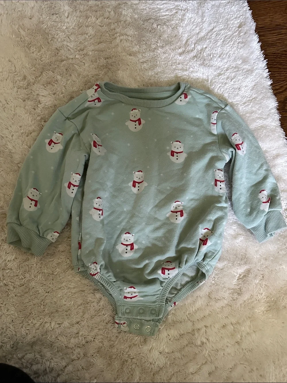 cloud island Mint Green Snowman Print Long-Sleeve One-Piece